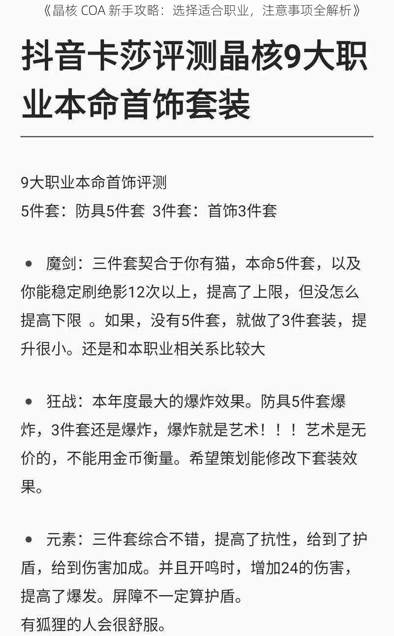 《晶核 COA 新手攻略：选择适合职业，注意事项全解析》